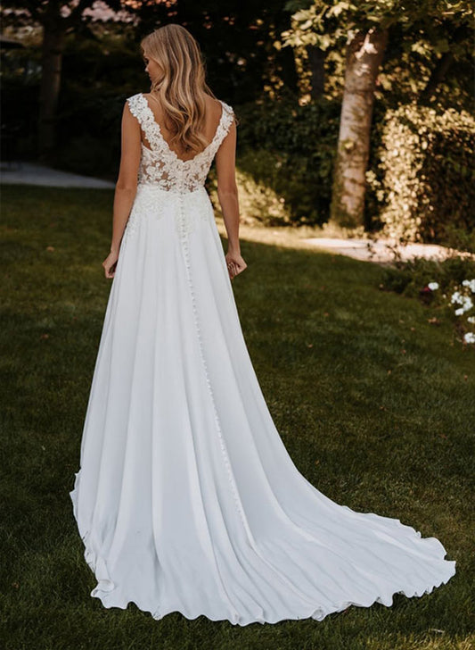 A-Line V-neck Sleeveless Court Train Chiffon/Lace Wedding Dresses With Lace