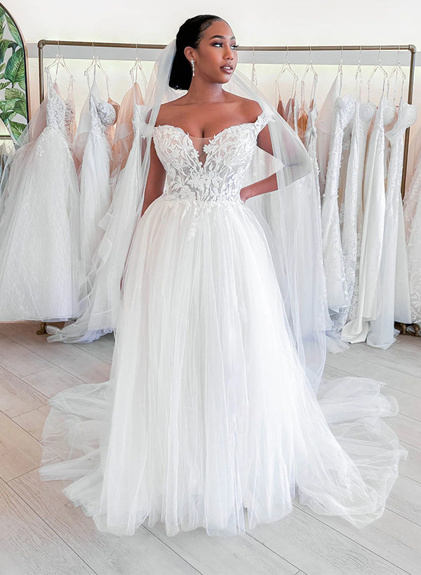 Off-the-Shoulder Sleeveless Court Train Lace/Tulle Wedding Dresses