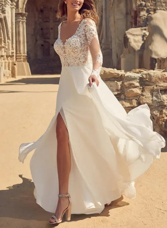 Elegant A-Line V-neck Wedding Dresses With Long Sleeves and Split Front