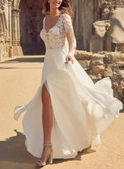 Elegant A-Line V-neck Wedding Dresses With Long Sleeves and Split Front