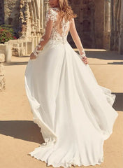 Elegant A-Line V-neck Wedding Dresses With Long Sleeves and Split Front