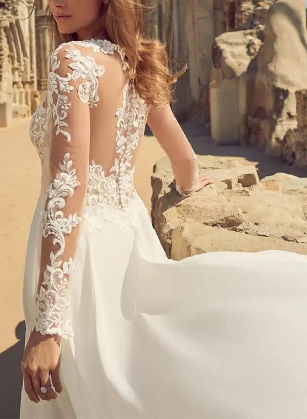 Elegant A-Line V-neck Wedding Dresses With Long Sleeves and Split Front