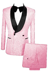 Marshall Pink Double Breasted Lapel Jacquard Bespoke Wedding Suit with Velvet Lapel