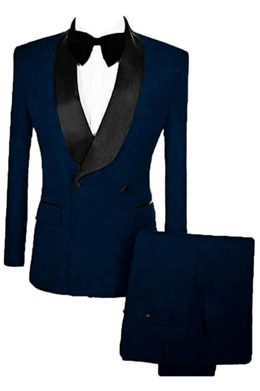 Navy Blue Double-Breasted Jacquard Wedding Suit with Velvet Lapel