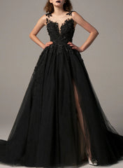 3D Floral Black Ball-Gown Wedding Dresses