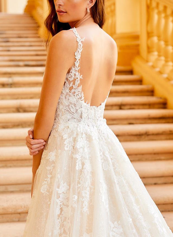 V-neck Ball-Gown Wedding Dresses with Sexy Open Back in Lace/Tulle