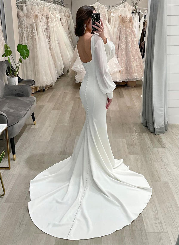 Square Neckline Long Sleeves Court Train Elastic Satin Mermaid Wedding Dress