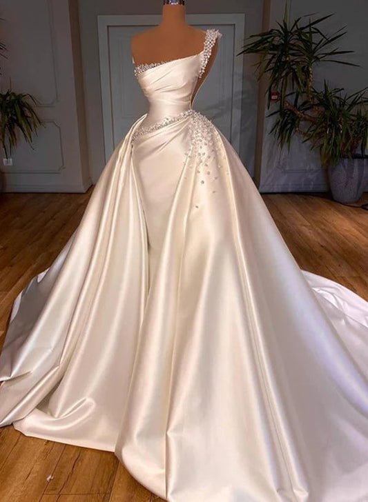 Luxury Satin Wedding Dresses With Beading One-Shoulder Trumpet/Mermaid