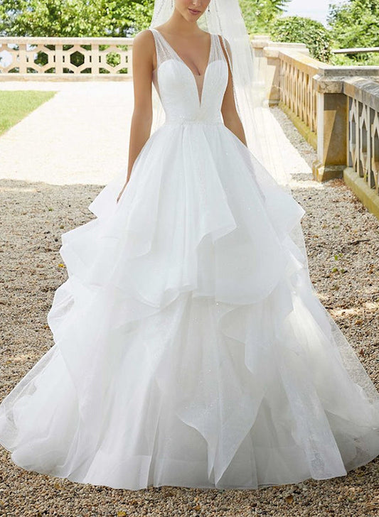 Elegant Tulle Cascading Ruffles V-neck Wedding Dresses