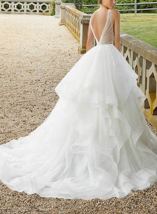 Elegant Tulle Cascading Ruffles V-neck Wedding Dresses