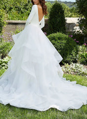 V-Neck Ball-Gown Wedding Dresses with Long Sleeves and Cascading Ruffles in Satin/Organza