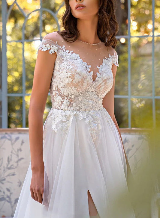 A-Line Illusion Neck Lace Tulle Wedding Dresses With Appliques Lace