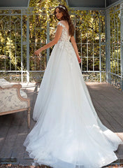 A-Line Illusion Neck Lace Tulle Wedding Dresses With Appliques Lace