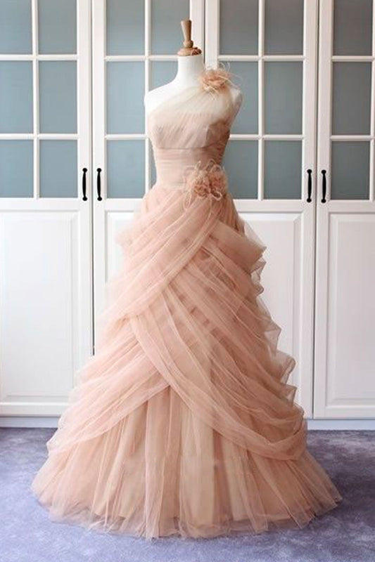 Unique Pink Tulle Long Prom Dress Pink Evening Dress