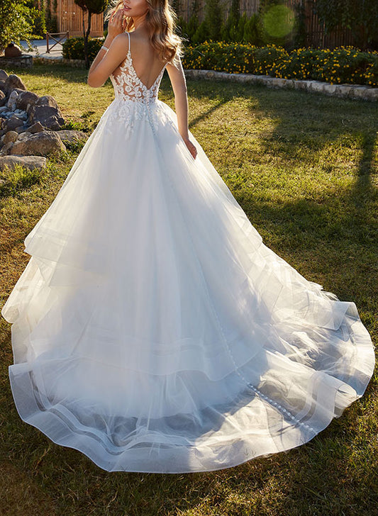 Sweetheart Sleeveless Sweep Train Tulle Wedding Dresses With Lace