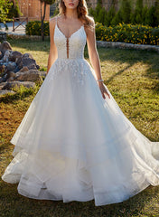 Sweetheart Sleeveless Sweep Train Tulle Wedding Dresses With Lace