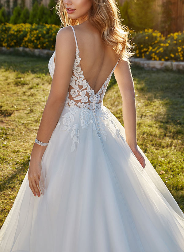 Sweetheart Sleeveless Sweep Train Tulle Wedding Dresses With Lace