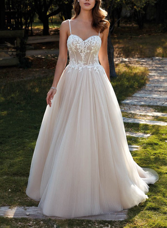 A-Line Sweetheart Sleeveless Sweep Train Tulle Wedding Dresses With Appliques Lace