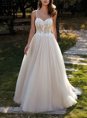 Sleeveless Sweep Train Tulle Wedding Dresses With Appliques Lace