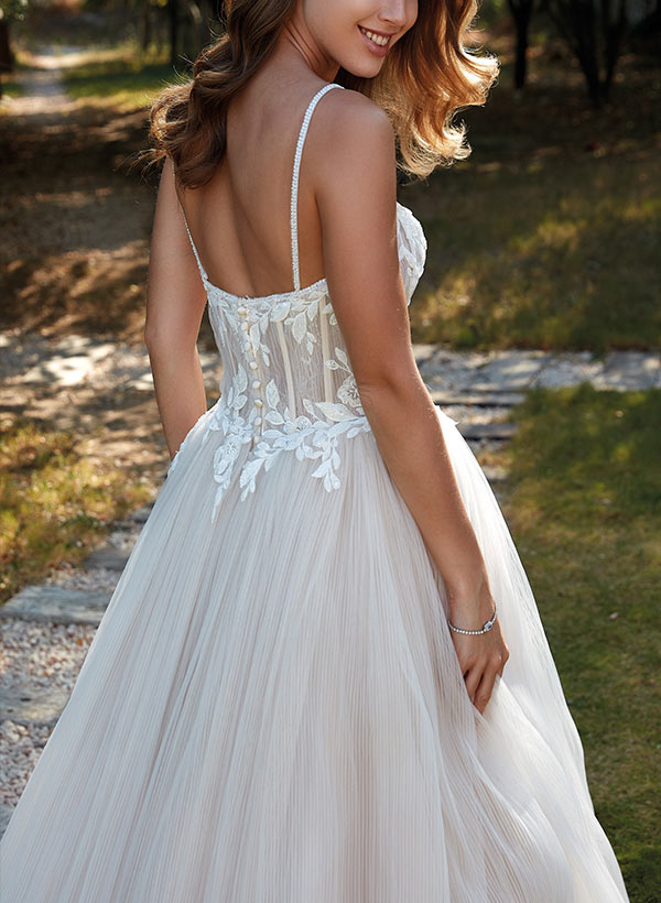 Sleeveless Sweep Train Tulle Wedding Dresses With Appliques Lace