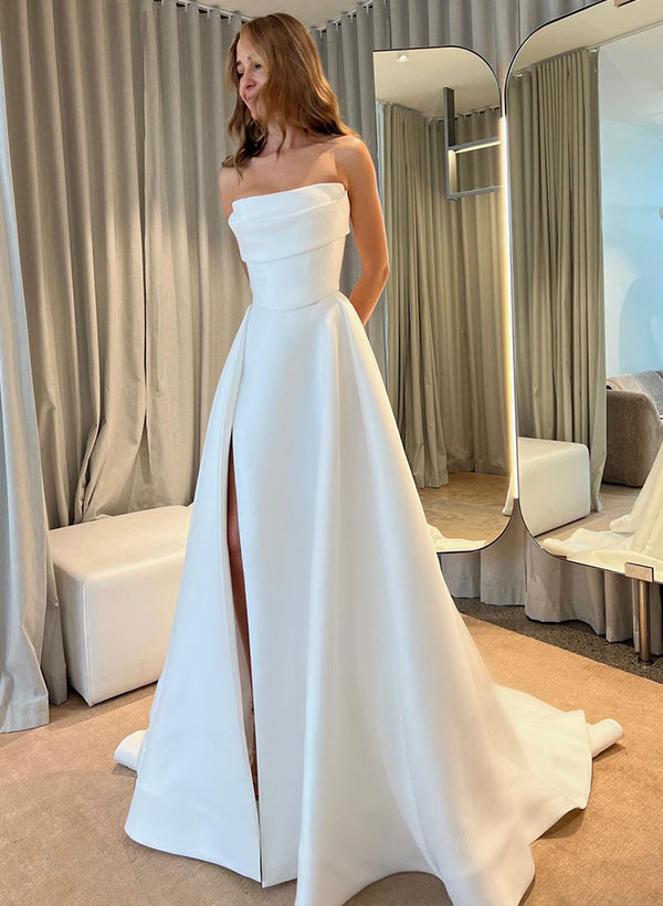 Strapless Sleeveless Court Train Satin Wedding Dresses With Split Front