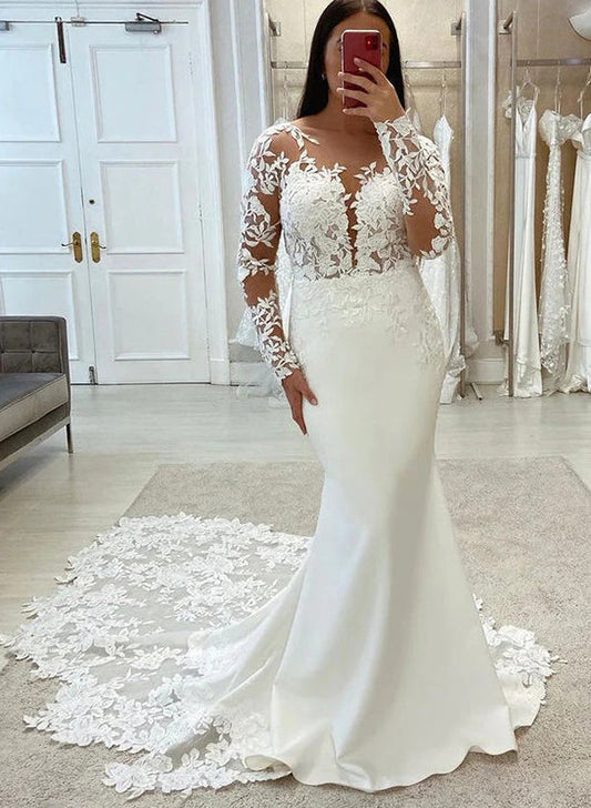 Luxury Lace/Satin Wedding Dresses with Illusion Neck and Long Sleeves