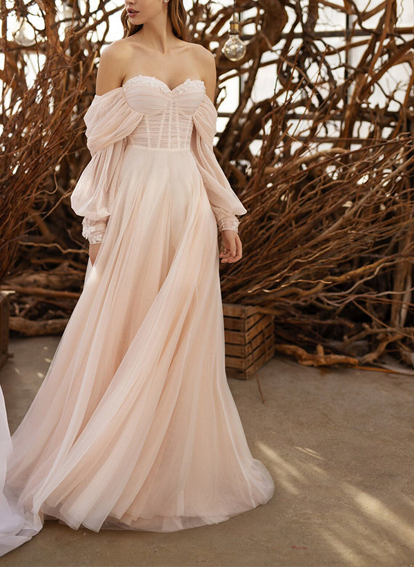 Boho A-Line Sweetheart 3/4 Sleeves Sweep Train Tulle Bridal Gowns