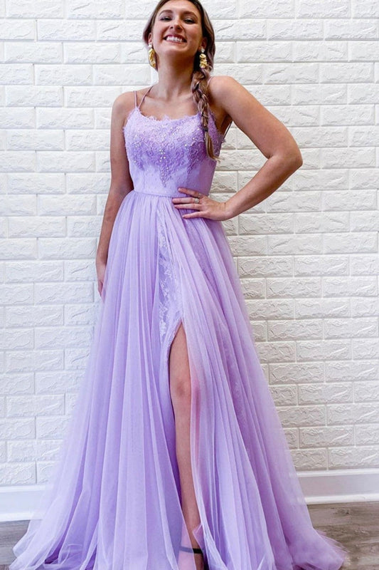 Prom Dress A Line Purple Backless Tulle Long Evening Dress