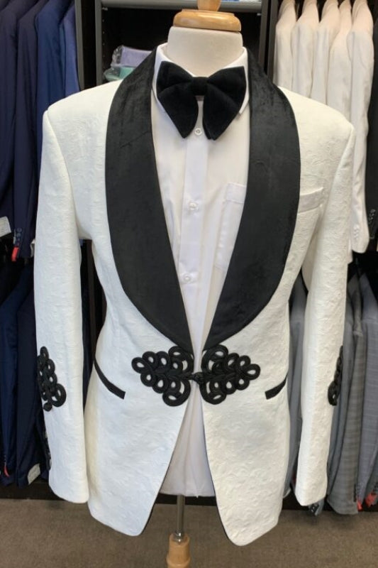 Aaron Bespoke White Jacquard Wedding Suit with Black Shawl Lapel