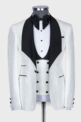 Thomas Bespoke White Jacquard 3-Piece Wedding Suit with Black Shawl Lapel