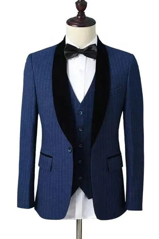 Allen Newest Dark Blue Shawl Lapel 3-Piece Striped Wedding Suit