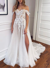 Off-The-Shoulder Slit Boho Lace Wedding Dresses