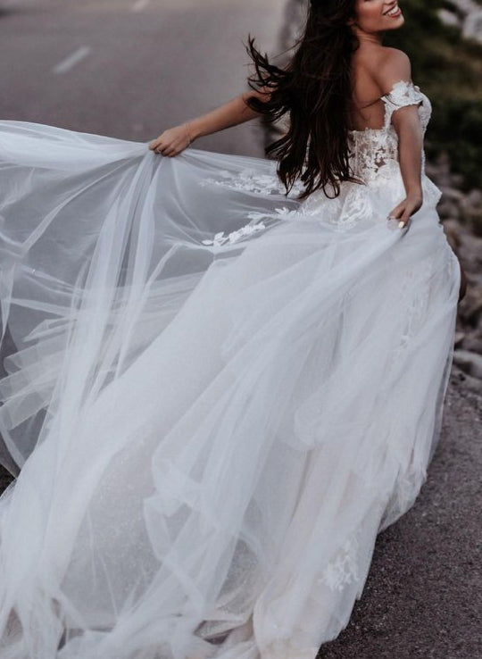 Off-The-Shoulder Slit Boho Lace Wedding Dresses