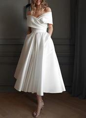 Off-The-Shoulder Sleeveless Satin Tea-Length Wedding Dress