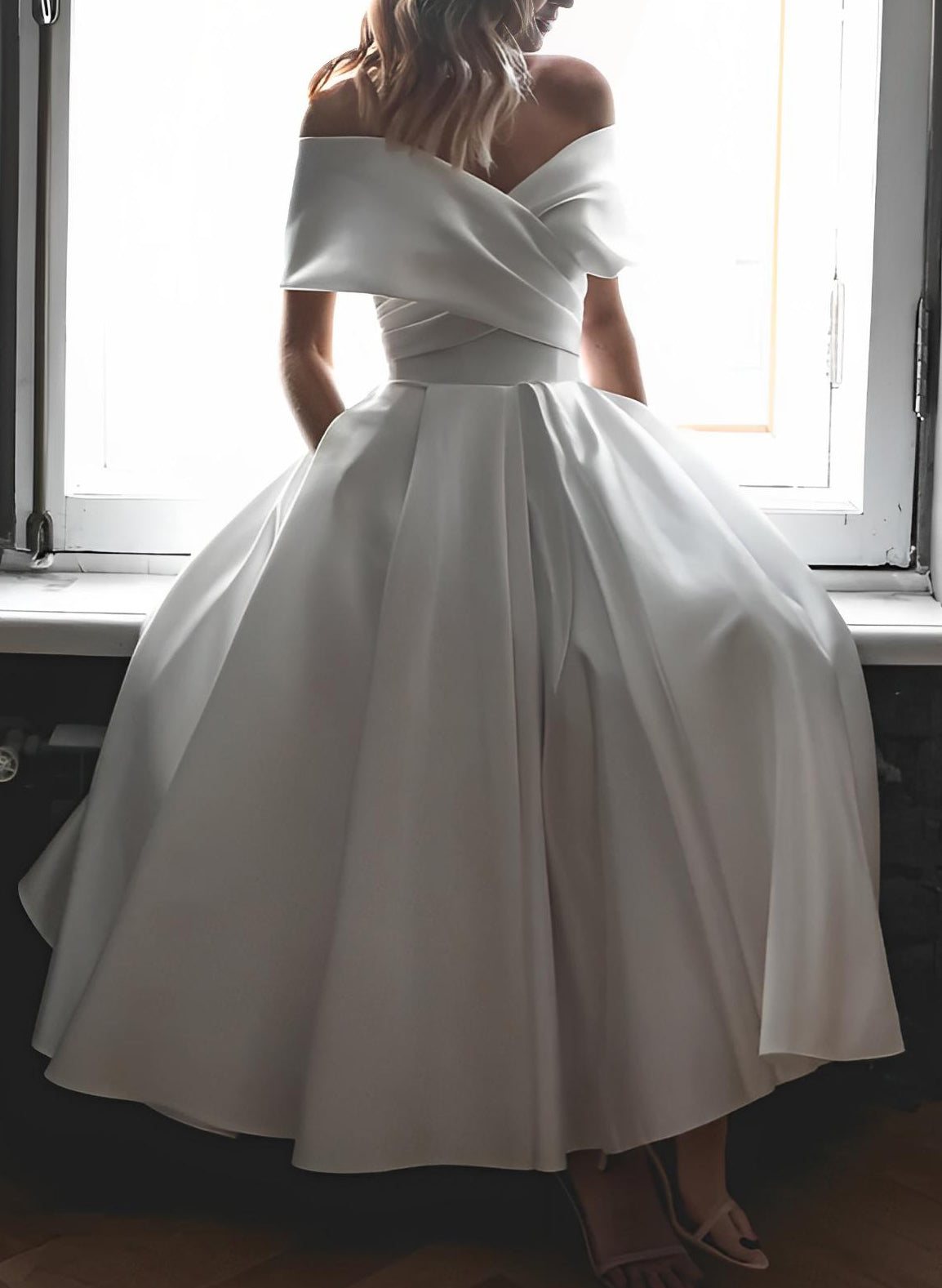 Off-The-Shoulder Sleeveless Satin Tea-Length Wedding Dress