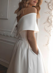 Off-The-Shoulder Sleeveless Satin Tea-Length Wedding Dress