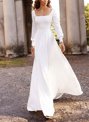 A-Line Square Neckline Long Sleeves Satin Sweep Train Wedding Dresses