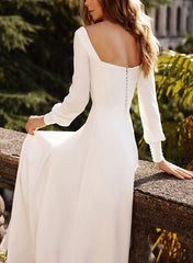 A-Line Square Neckline Long Sleeves Satin Sweep Train Wedding Dresses