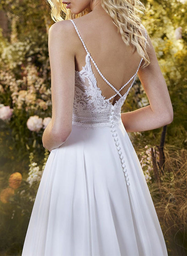 A-Line V-Neck Tulle Wedding Dresses With Split Front/Appliques Lace