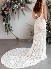 Boho Lace Open Back Mermaid Wedding Dresses With Court Train