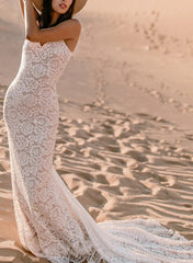 Boho Lace Open Back Mermaid Wedding Dresses With Court Train