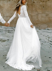 Boho Lace Tulle A-Line Wedding Dresses Long Sleeves