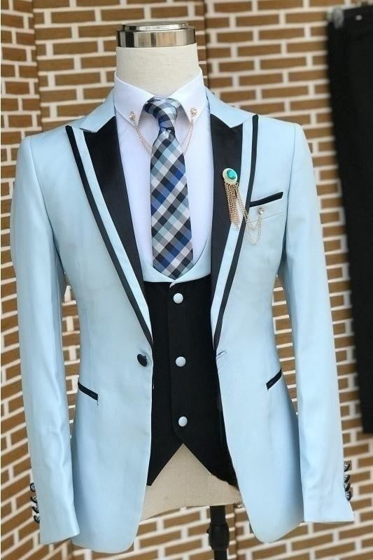 Christ Fancy Light Blue 3-Piece Prom Suit with Black Lapel