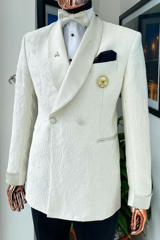 Bob Bespoke White Shawl Lapel Double Breasted Jacquard Wedding Suit