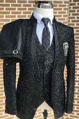 Channing Stylish Black Sequins Shawl Lapel 3-Piece Wedding Suit