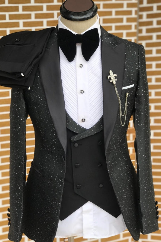 Buck Black Peaked Lapel 3-Piece Sequins Close Fitting Prom Suit