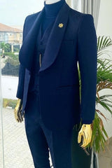 Blithe Navy Blue Shawl Lapel 3-Piece Jacquard Wedding Suit