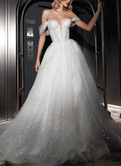 Off-The-Shoulder Sleeveless Ball-Gown Wedding Dress with Sweep Train and Sequins