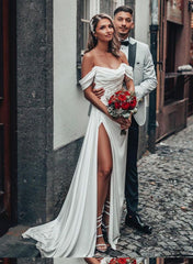 Off-The-Shoulder A-Line Satin Wedding Dresses With Split Front