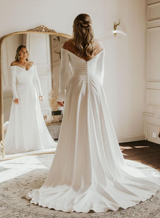 Off-The-Shoulder A-Line Elastic Satin Wedding Dresses with Long Sleeves